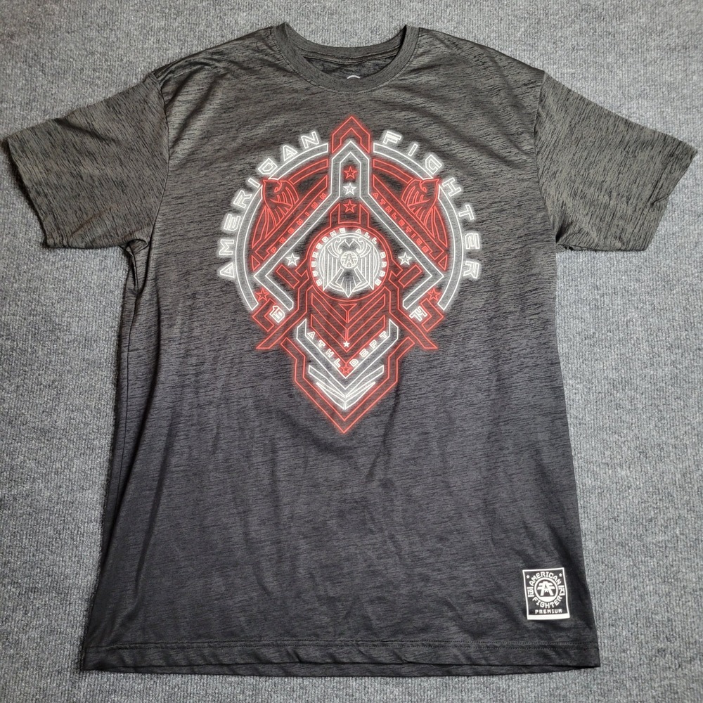 American Fighter Graphic T-Shirt Men's 2XL Gray Red Buckle Overcome All Odds